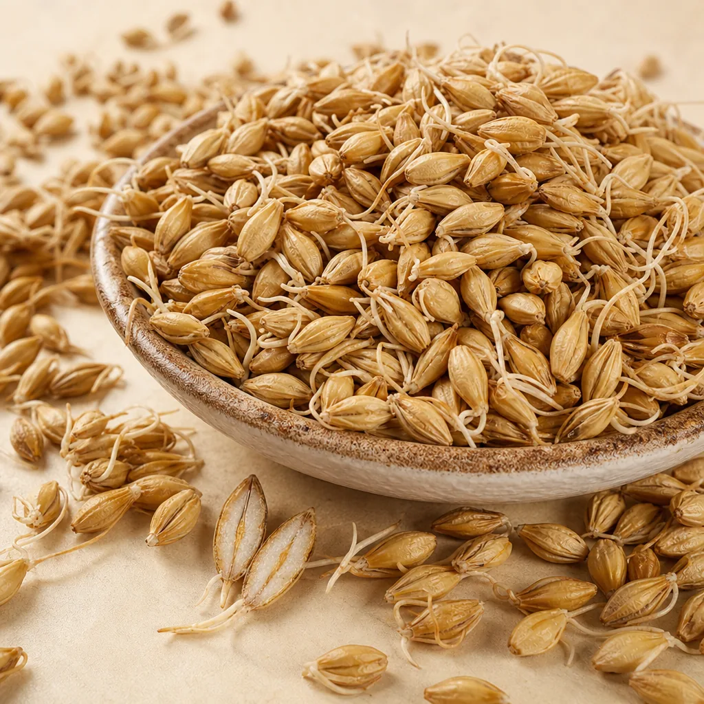Barley Malt 麦芽 reviewed close-up photo showing barley grain and rootlet texture for quality checking