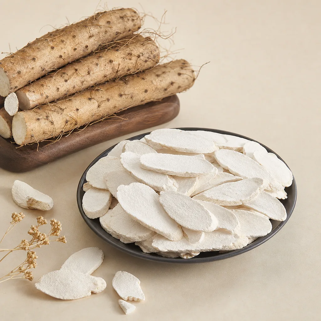 Chinese Yam 山药 real-style application photo showing dried slices and whole raw yam for B2B sourcing discussion