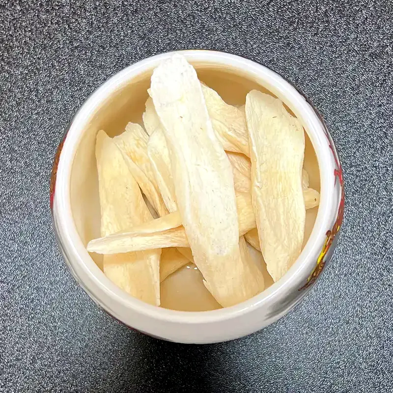Chinese Yam 山药 real-style overview photo in a white bowl for importer sample reference from Bozhou China